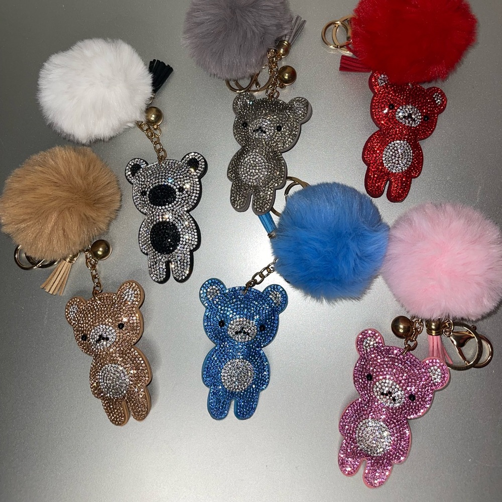 Bedazzled bear keychains with puff ball
